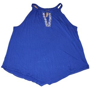 Inc Goddess Blue Embellished Asymmetrical Rhinestone Halter Blouse Top Size: XL
